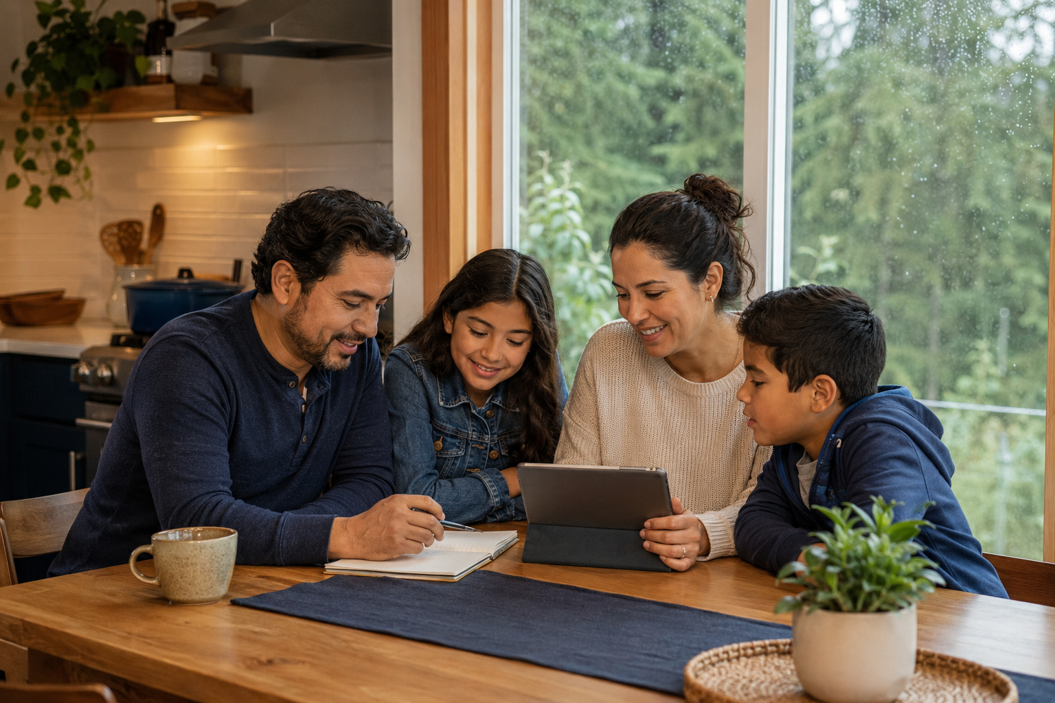 Familia latina conversando sobre sus metas y protección financiera en Oregon